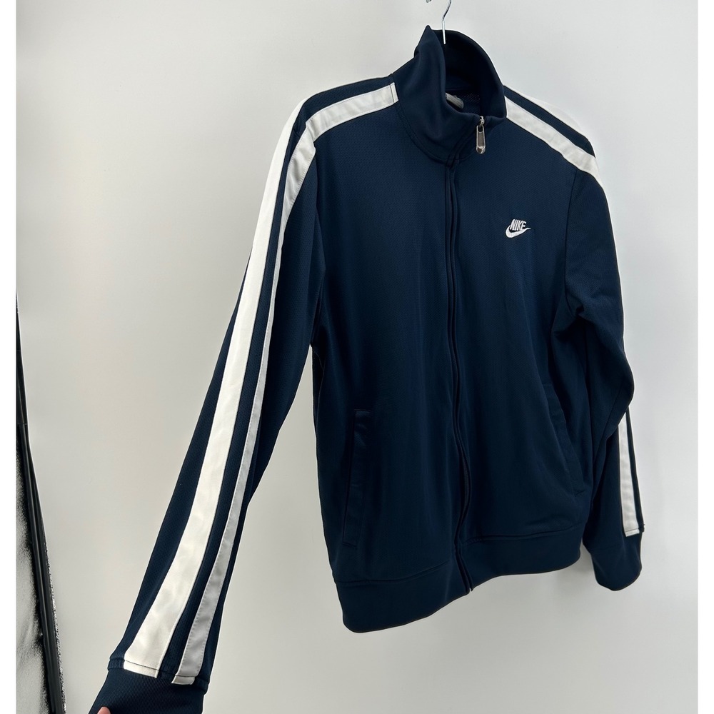 Vintage Nike Mens Track Jacket Navy Blue White Stripe Full Zip Mock Neck M